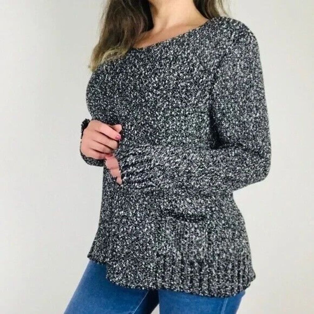 Eileen Fisher Sweater Pullover Large Petite Wrapped Cotton Nubble Black White